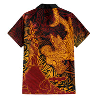 Hawaiian Volcano and Shark Family Matching Short Sleeve Bodycon Dress and Hawaiian Shirt Polynesian and Hibiscus Pattern Lava Color