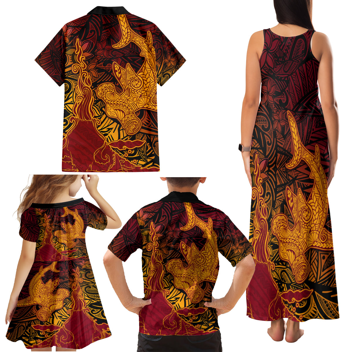 Hawaiian Volcano and Shark Family Matching Tank Maxi Dress and Hawaiian Shirt Polynesian and Hibiscus Pattern Lava Color