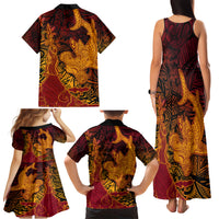 Hawaiian Volcano and Shark Family Matching Tank Maxi Dress and Hawaiian Shirt Polynesian and Hibiscus Pattern Lava Color