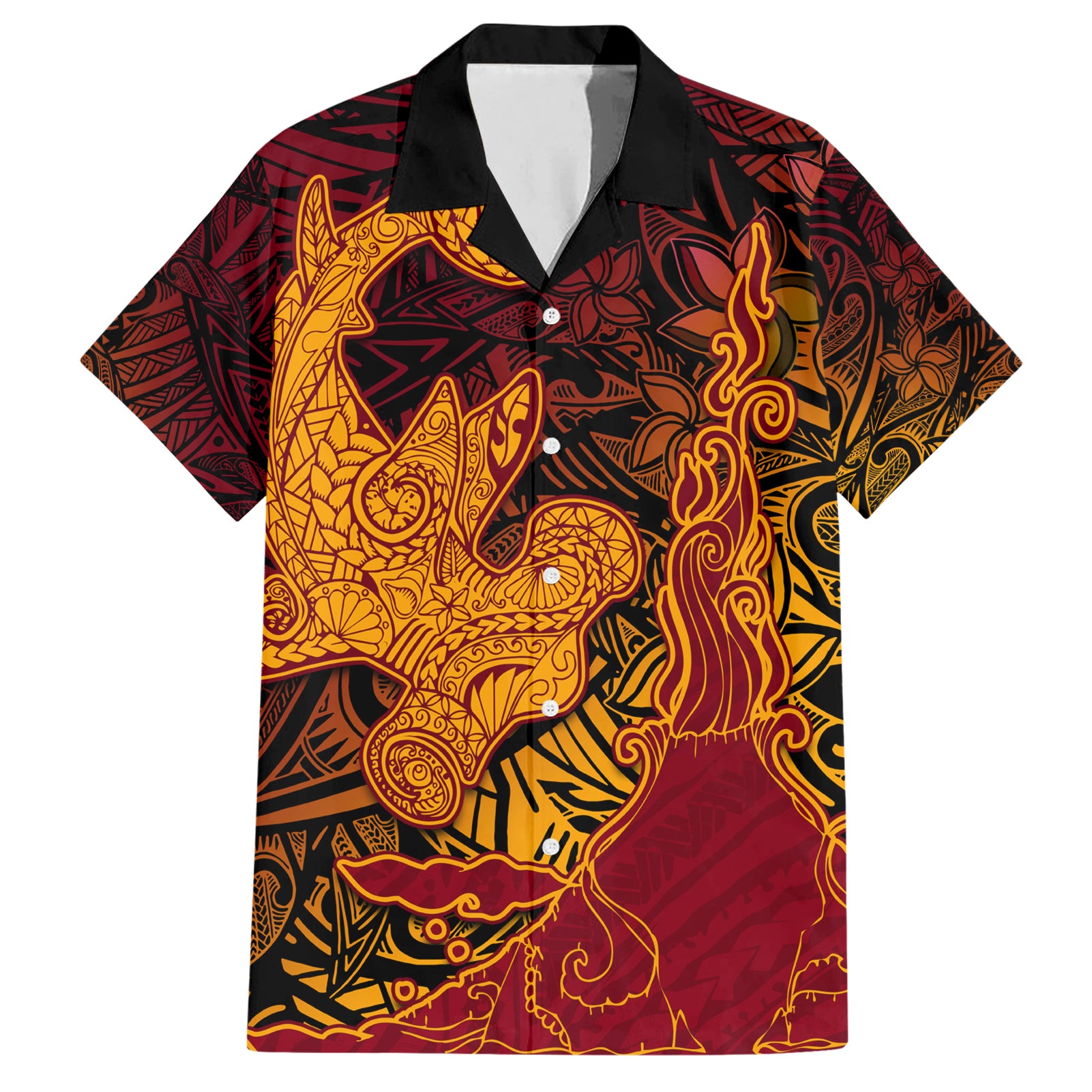 Hawaiian Volcano and Shark Hawaiian Shirt Polynesian and Hibiscus Pattern Lava Color