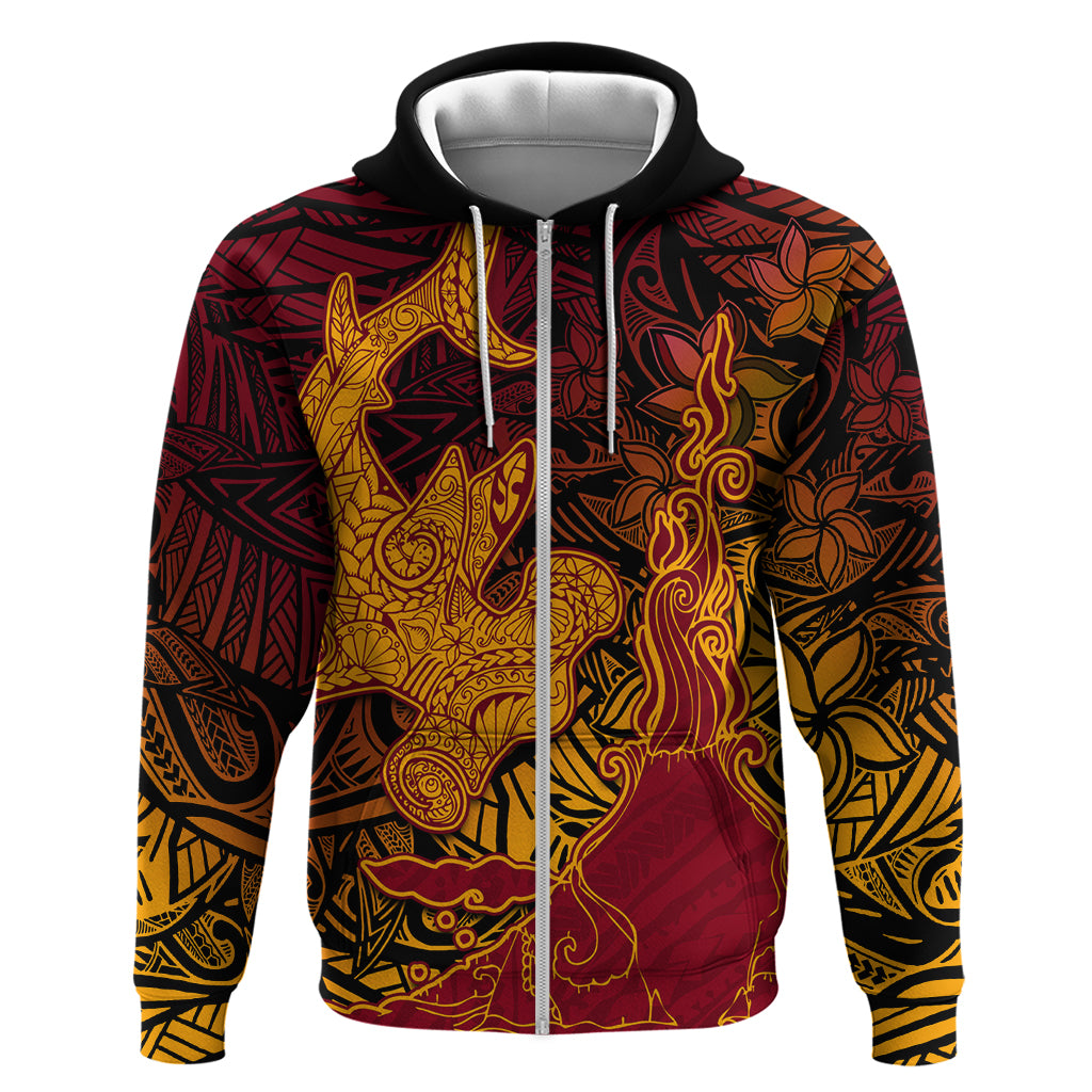 Hawaiian Volcano and Shark Hoodie Polynesian and Hibiscus Pattern Lava Color