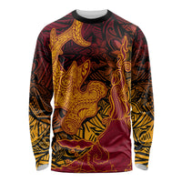 Hawaiian Volcano and Shark Long Sleeve Shirt Polynesian and Hibiscus Pattern Lava Color