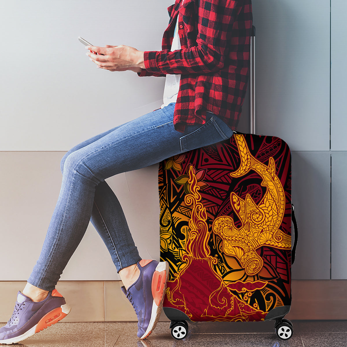 Hawaiian Volcano and Shark Luggage Cover Polynesian and Hibiscus Pattern Lava Color