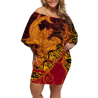 Hawaiian Volcano and Shark Off Shoulder Short Dress Polynesian and Hibiscus Pattern Lava Color
