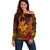 Hawaiian Volcano and Shark Off Shoulder Sweater Polynesian and Hibiscus Pattern Lava Color