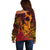 Hawaiian Volcano and Shark Off Shoulder Sweater Polynesian and Hibiscus Pattern Lava Color