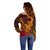 Hawaiian Volcano and Shark Off Shoulder Sweater Polynesian and Hibiscus Pattern Lava Color