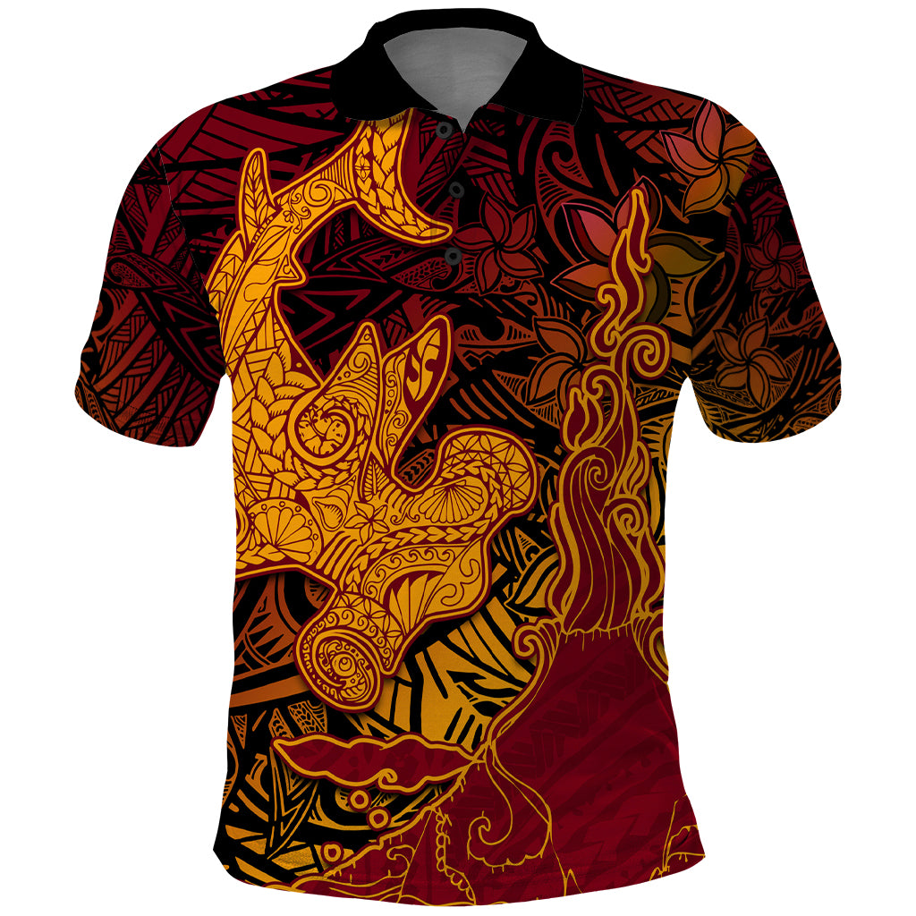 Hawaiian Volcano and Shark Polo Shirt Polynesian and Hibiscus Pattern Lava Color