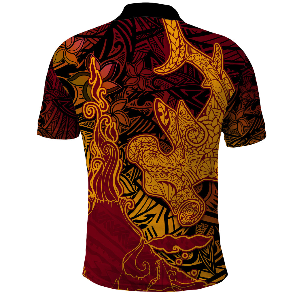 Hawaiian Volcano and Shark Polo Shirt Polynesian and Hibiscus Pattern Lava Color LT03 - Polynesian Pride