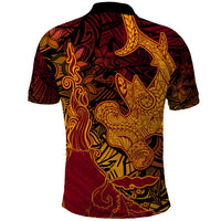 Hawaiian Volcano and Shark Polo Shirt Polynesian and Hibiscus Pattern Lava Color