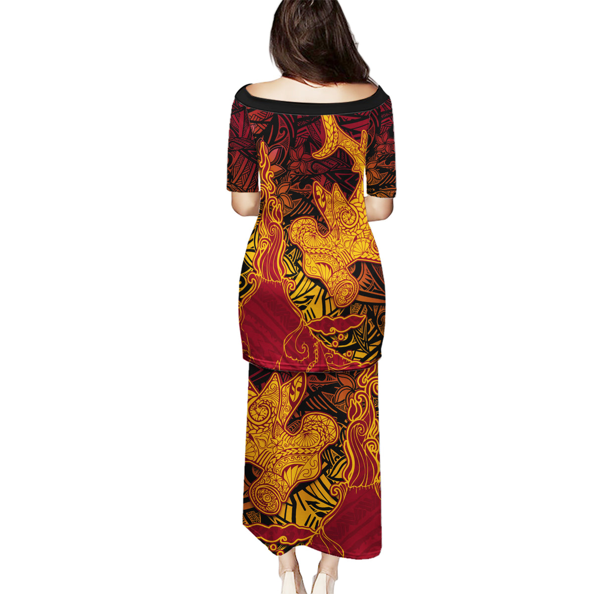 Hawaiian Volcano and Shark Puletasi Polynesian and Hibiscus Pattern Lava Color