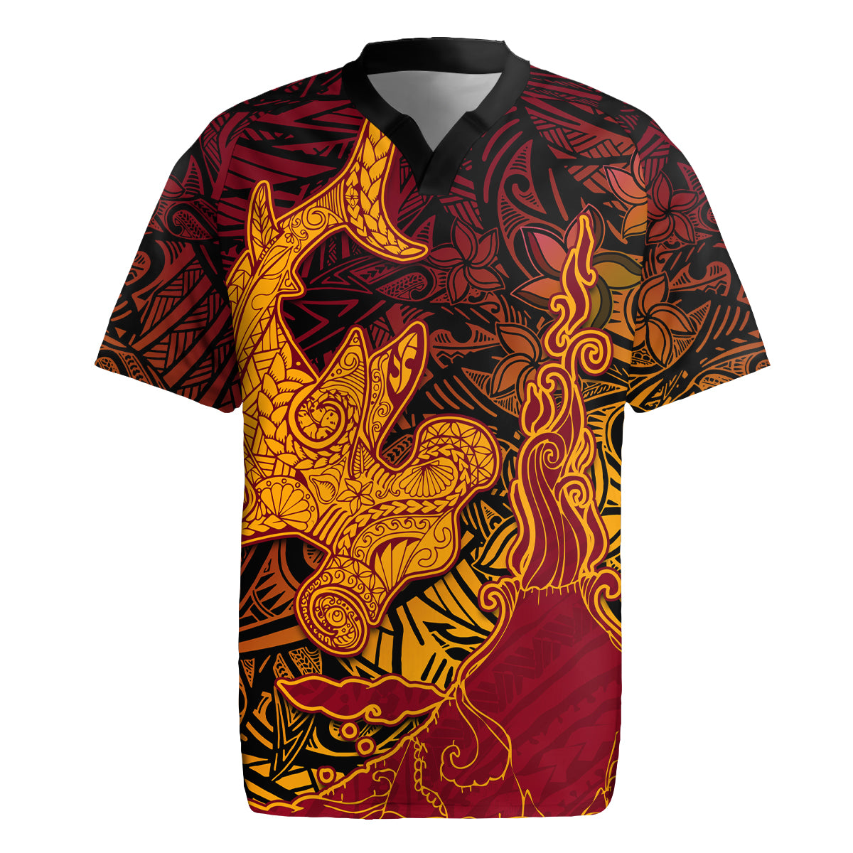 Hawaiian Volcano and Shark Rugby Jersey Polynesian and Hibiscus Pattern Lava Color