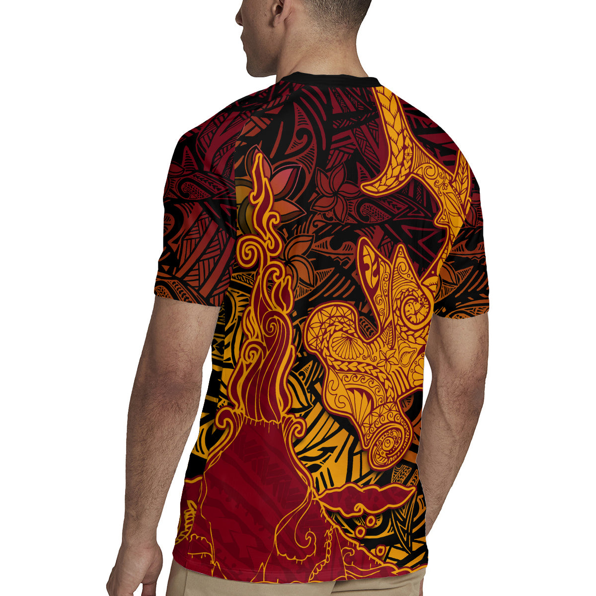 Hawaiian Volcano and Shark Rugby Jersey Polynesian and Hibiscus Pattern Lava Color