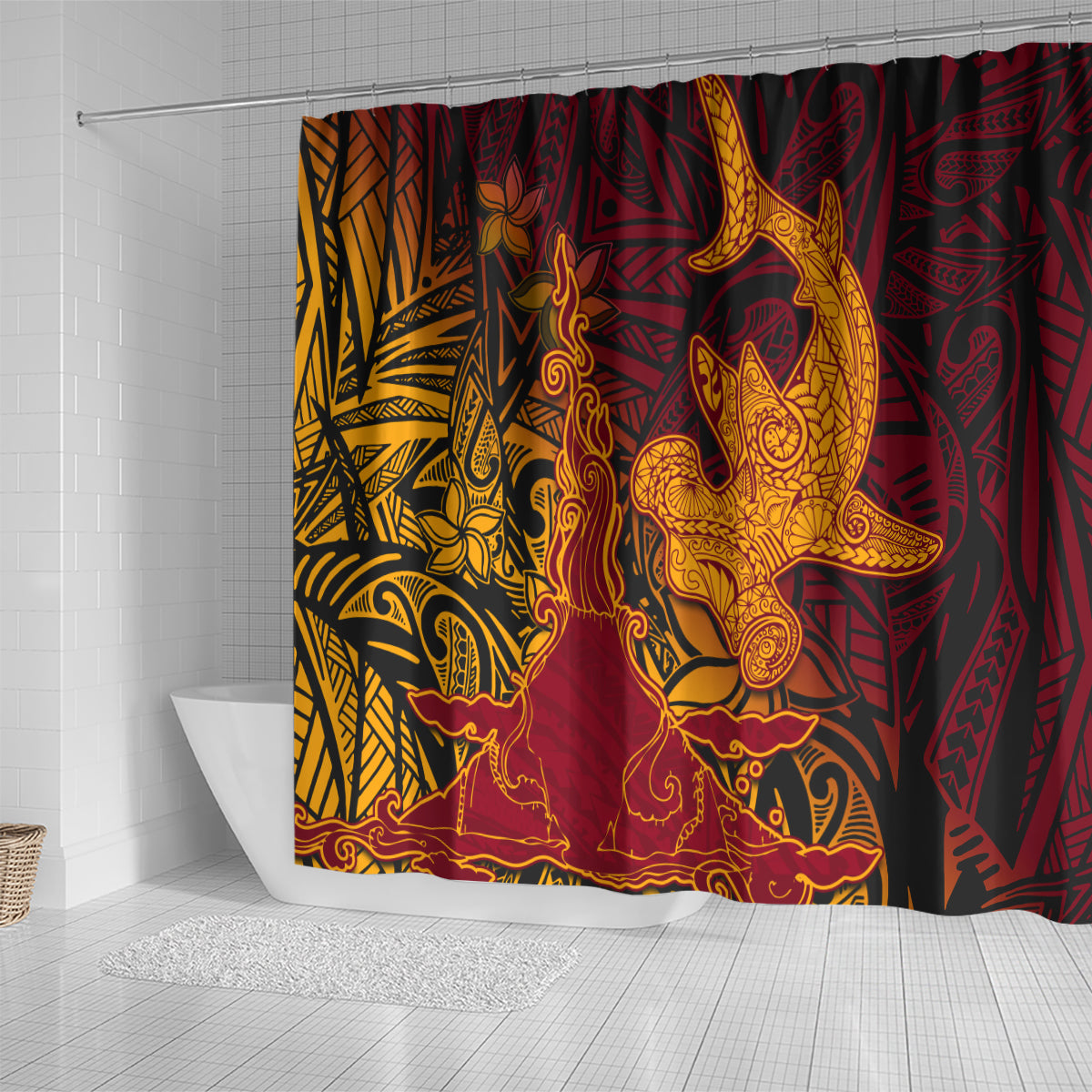 Hawaiian Volcano and Shark Shower Curtain Polynesian and Hibiscus Pattern Lava Color
