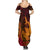 Hawaiian Volcano and Shark Summer Maxi Dress Polynesian and Hibiscus Pattern Lava Color