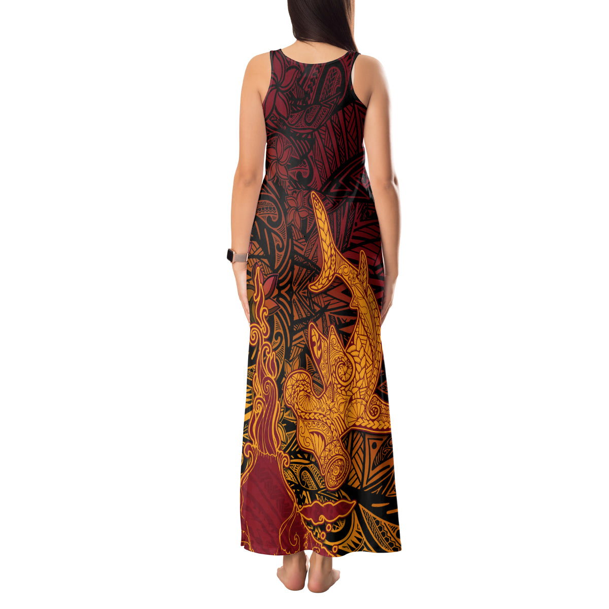 Hawaiian Volcano and Shark Tank Maxi Dress Polynesian and Hibiscus Pattern Lava Color