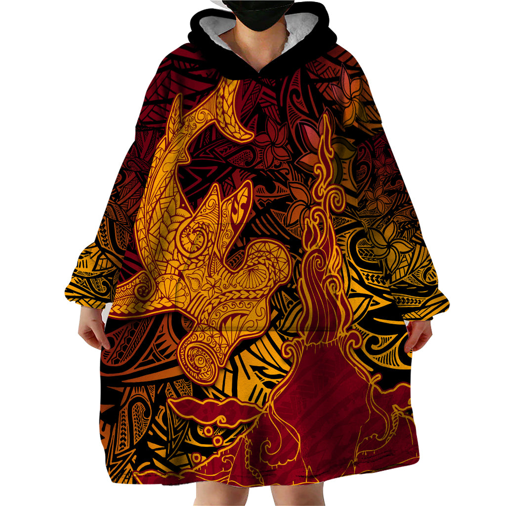 Hawaiian Volcano and Shark Wearable Blanket Hoodie Polynesian and Hibiscus Pattern Lava Color