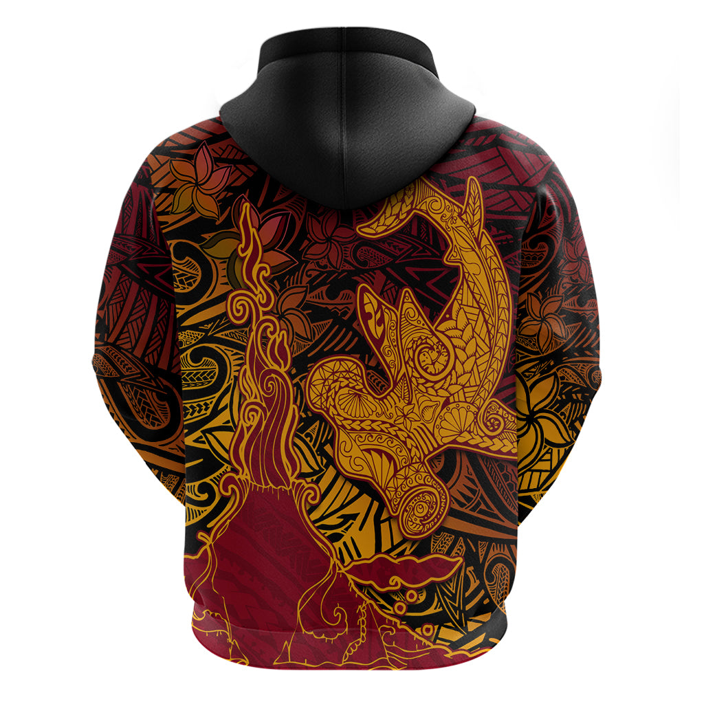 Hawaiian Volcano and Shark Zip Hoodie Polynesian and Hibiscus Pattern Lava Color