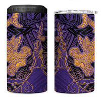 Hawaiian Volcano and Shark 4 in 1 Can Cooler Tumbler Polynesian and Hibiscus Pattern Purple Yellow Gradient