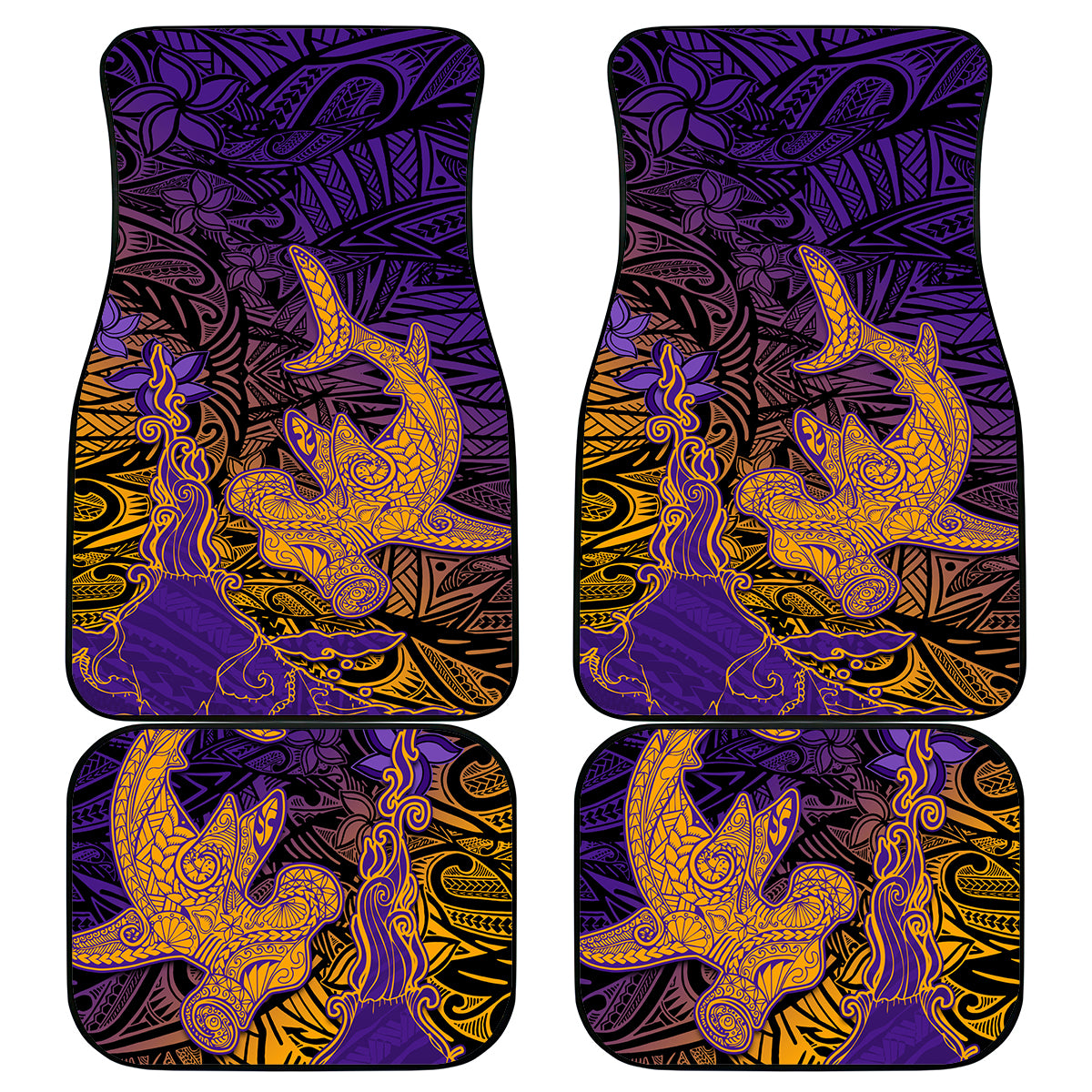 Hawaiian Volcano and Shark Car Mats Polynesian and Hibiscus Pattern Purple Yellow Gradient