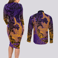 Hawaiian Volcano and Shark Couples Matching Long Sleeve Bodycon Dress and Long Sleeve Button Shirt Polynesian and Hibiscus Pattern Purple Yellow Gradient