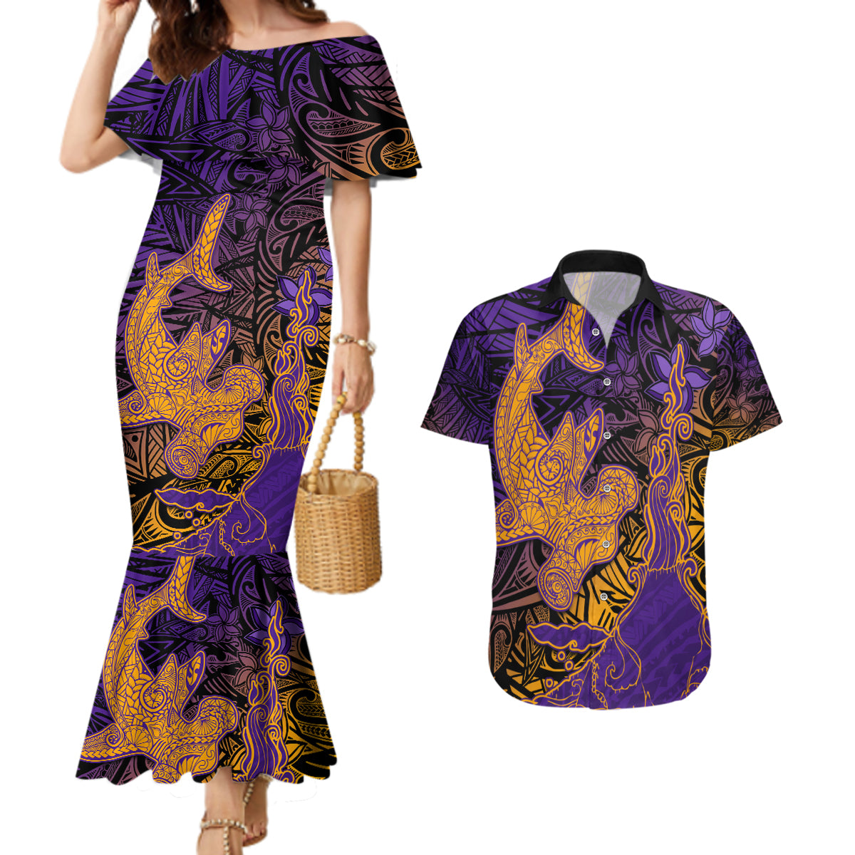 Hawaiian Volcano and Shark Couples Matching Mermaid Dress and Hawaiian Shirt Polynesian and Hibiscus Pattern Purple Yellow Gradient