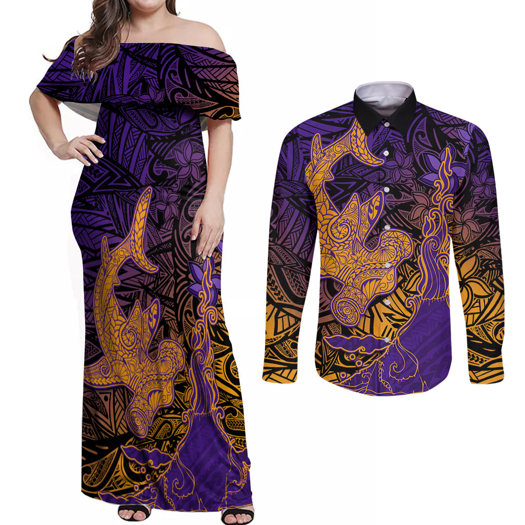 Hawaiian Volcano and Shark Couples Matching Off Shoulder Maxi Dress and Long Sleeve Button Shirt Polynesian and Hibiscus Pattern Purple Yellow Gradient
