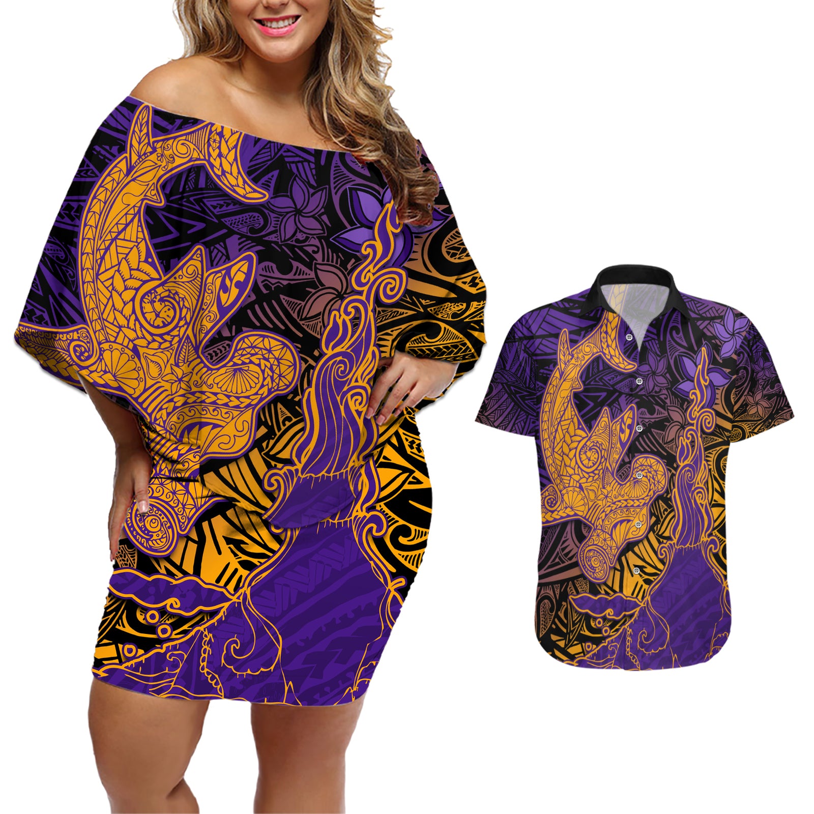 Hawaiian Volcano and Shark Couples Matching Off Shoulder Short Dress and Hawaiian Shirt Polynesian and Hibiscus Pattern Purple Yellow Gradient
