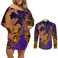 Hawaiian Volcano and Shark Couples Matching Off Shoulder Short Dress and Long Sleeve Button Shirt Polynesian and Hibiscus Pattern Purple Yellow Gradient