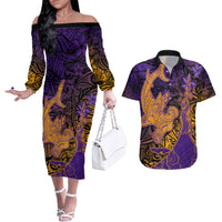 Hawaiian Volcano and Shark Couples Matching Off The Shoulder Long Sleeve Dress and Hawaiian Shirt Polynesian and Hibiscus Pattern Purple Yellow Gradient