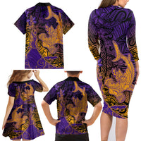 Hawaiian Volcano and Shark Family Matching Long Sleeve Bodycon Dress and Hawaiian Shirt Polynesian and Hibiscus Pattern Purple Yellow Gradient