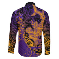 Hawaiian Volcano and Shark Family Matching Long Sleeve Bodycon Dress and Hawaiian Shirt Polynesian and Hibiscus Pattern Purple Yellow Gradient