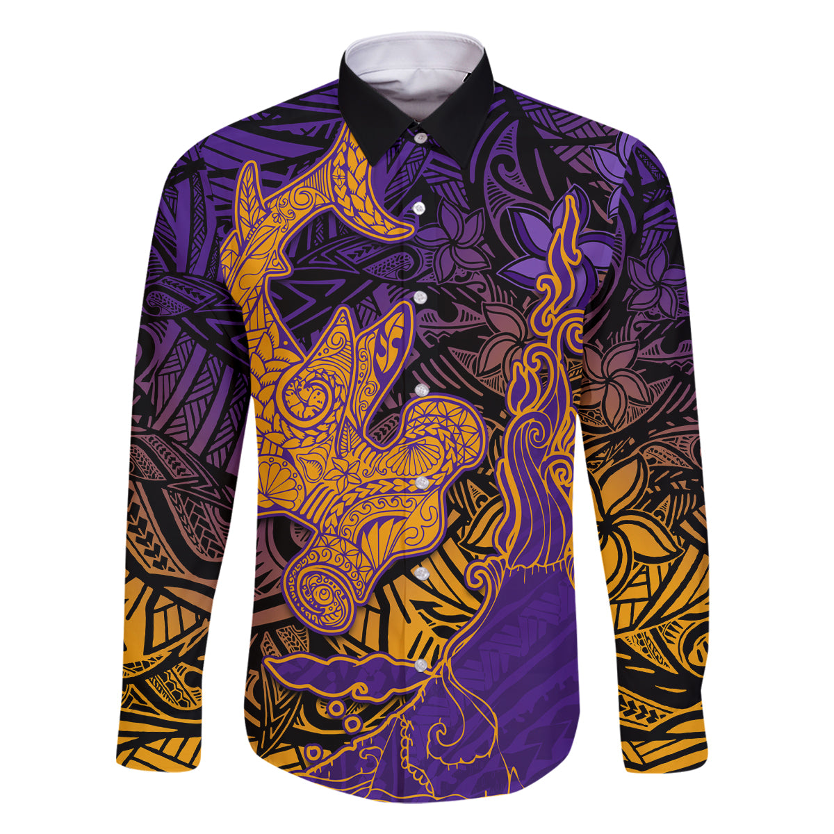 Hawaiian Volcano and Shark Family Matching Off The Shoulder Long Sleeve Dress and Hawaiian Shirt Polynesian and Hibiscus Pattern Purple Yellow Gradient