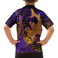 Hawaiian Volcano and Shark Family Matching Puletasi and Hawaiian Shirt Polynesian and Hibiscus Pattern Purple Yellow Gradient