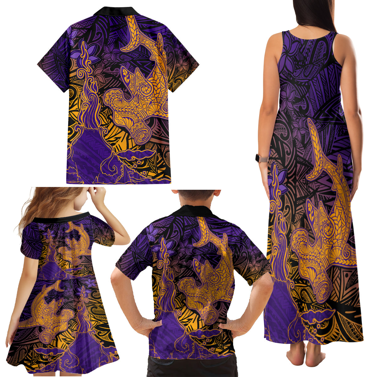 Hawaiian Volcano and Shark Family Matching Tank Maxi Dress and Hawaiian Shirt Polynesian and Hibiscus Pattern Purple Yellow Gradient