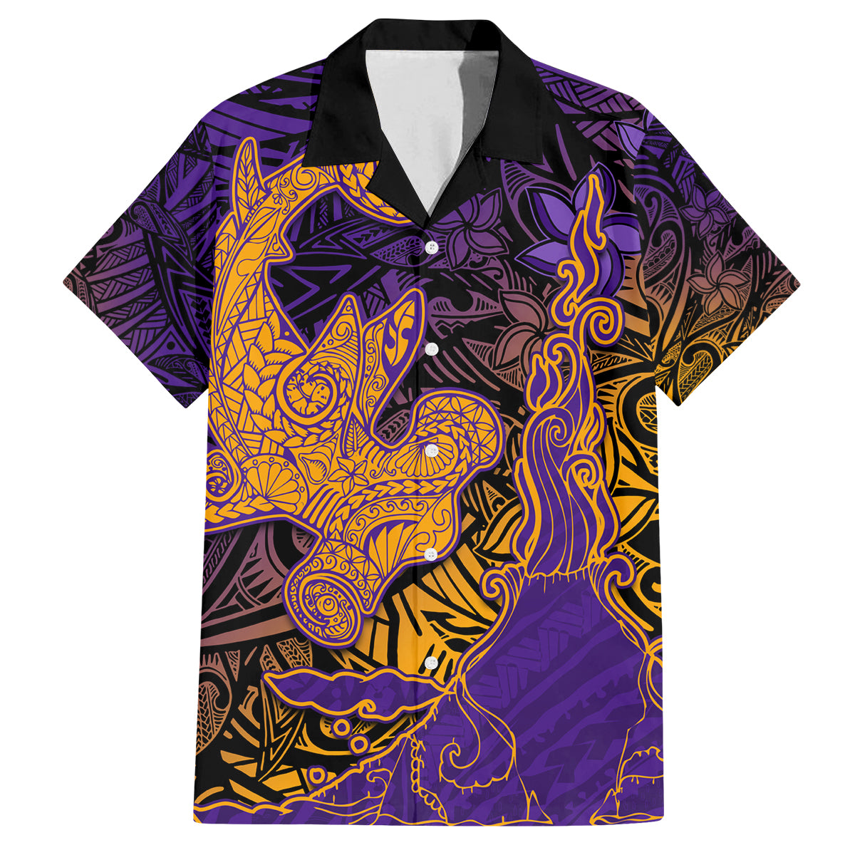 Hawaiian Volcano and Shark Family Matching Tank Maxi Dress and Hawaiian Shirt Polynesian and Hibiscus Pattern Purple Yellow Gradient