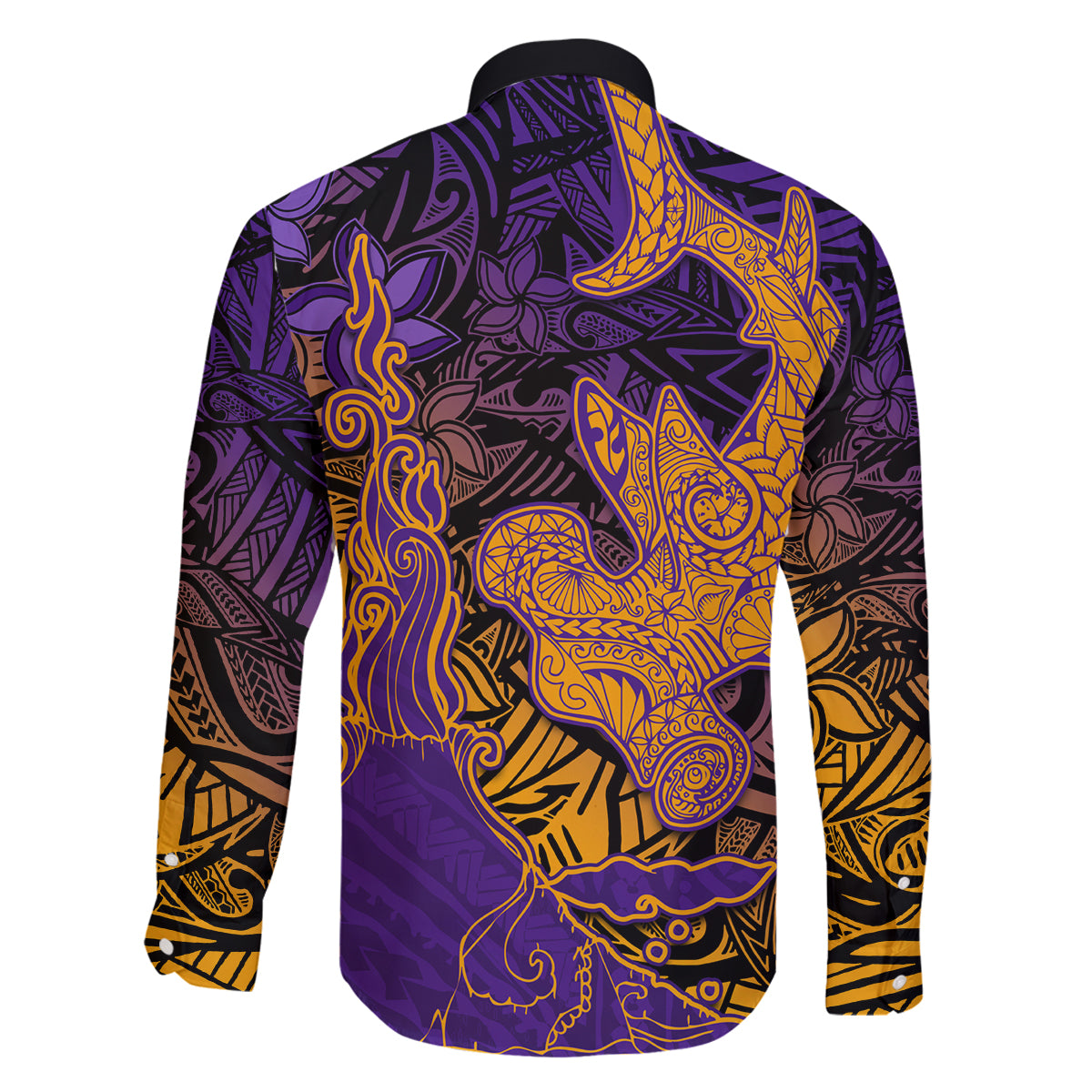 Hawaiian Volcano and Shark Family Matching Tank Maxi Dress and Hawaiian Shirt Polynesian and Hibiscus Pattern Purple Yellow Gradient