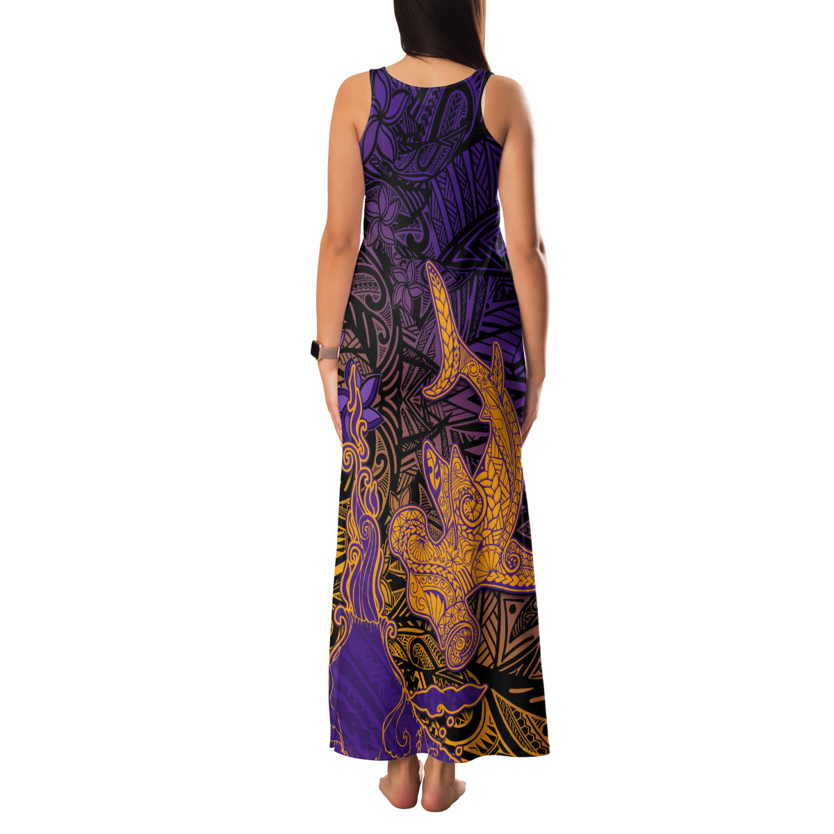 Hawaiian Volcano and Shark Family Matching Tank Maxi Dress and Hawaiian Shirt Polynesian and Hibiscus Pattern Purple Yellow Gradient