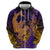 Hawaiian Volcano and Shark Hoodie Polynesian and Hibiscus Pattern Purple Yellow Gradient