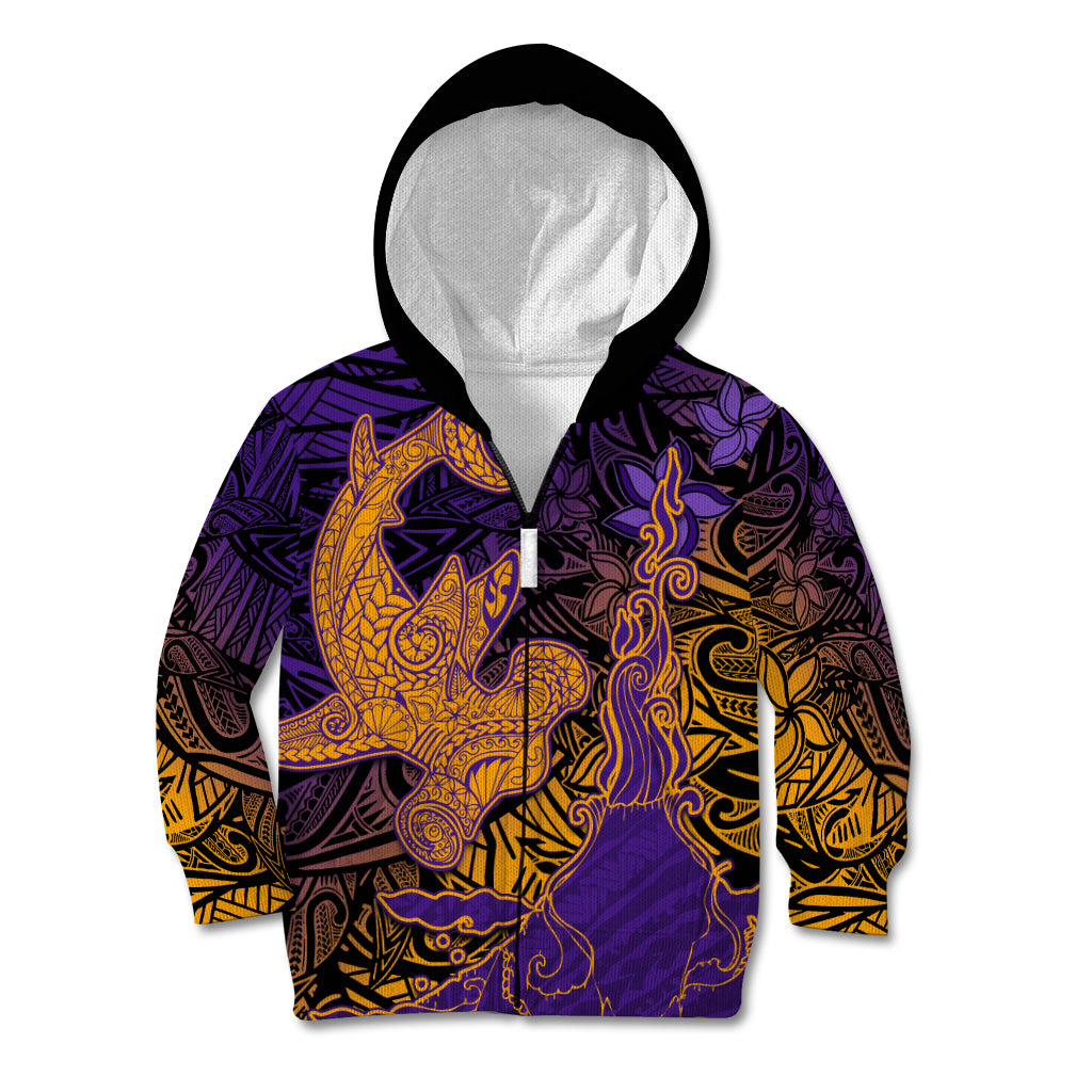 Hawaiian Volcano and Shark Kid Hoodie Polynesian and Hibiscus Pattern Purple Yellow Gradient