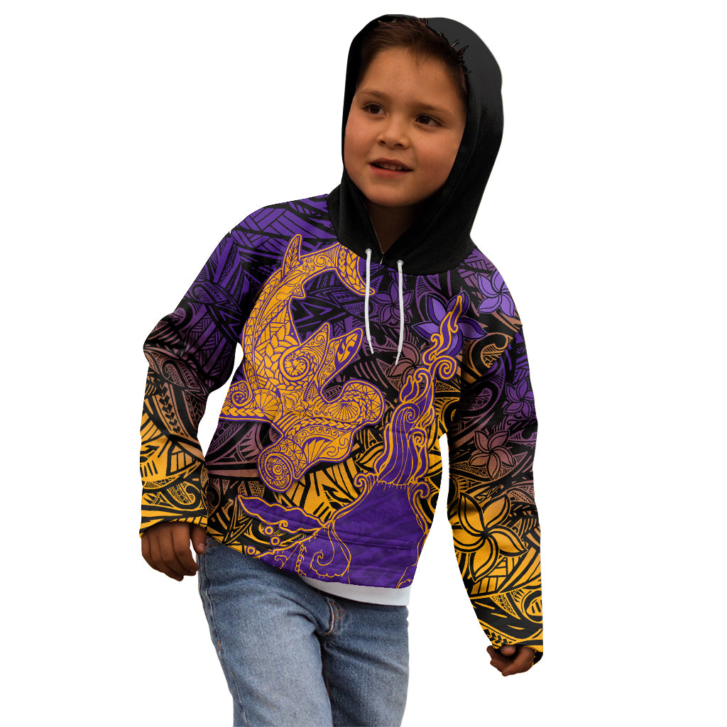 Hawaiian Volcano and Shark Kid Hoodie Polynesian and Hibiscus Pattern Purple Yellow Gradient