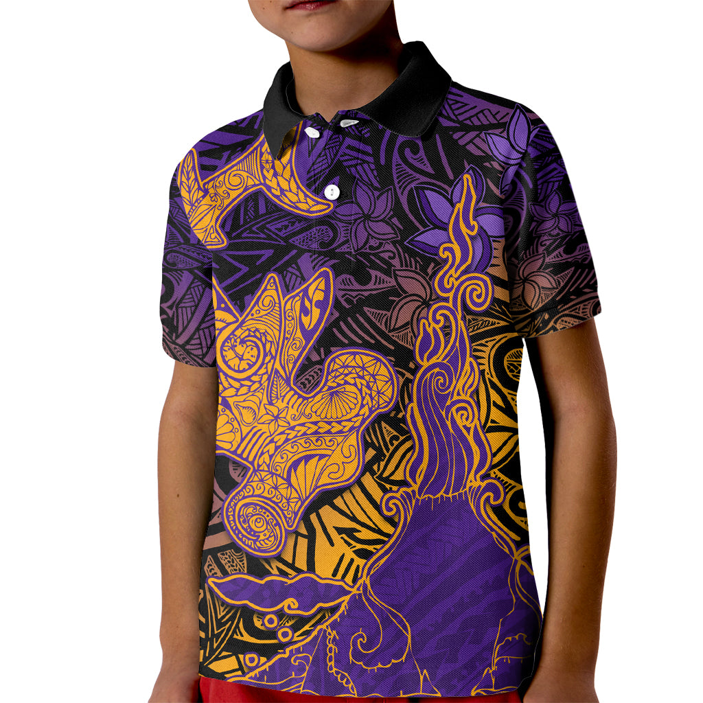 Hawaiian Volcano and Shark Kid Polo Shirt Polynesian and Hibiscus Pattern Purple Yellow Gradient
