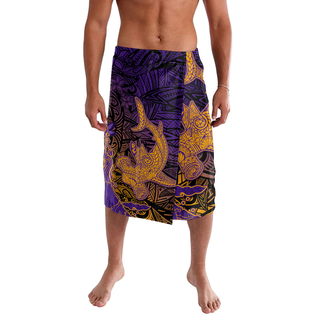 Hawaiian Volcano and Shark Lavalava Polynesian and Hibiscus Pattern Purple Yellow Gradient