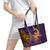 Hawaiian Volcano and Shark Leather Tote Bag Polynesian and Hibiscus Pattern Purple Yellow Gradient