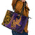 Hawaiian Volcano and Shark Leather Tote Bag Polynesian and Hibiscus Pattern Purple Yellow Gradient