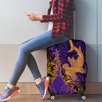 Hawaiian Volcano and Shark Luggage Cover Polynesian and Hibiscus Pattern Purple Yellow Gradient