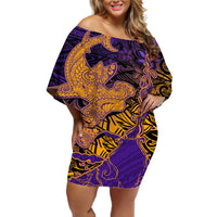 Hawaiian Volcano and Shark Off Shoulder Short Dress Polynesian and Hibiscus Pattern Purple Yellow Gradient