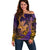 Hawaiian Volcano and Shark Off Shoulder Sweater Polynesian and Hibiscus Pattern Purple Yellow Gradient