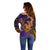 Hawaiian Volcano and Shark Off Shoulder Sweater Polynesian and Hibiscus Pattern Purple Yellow Gradient