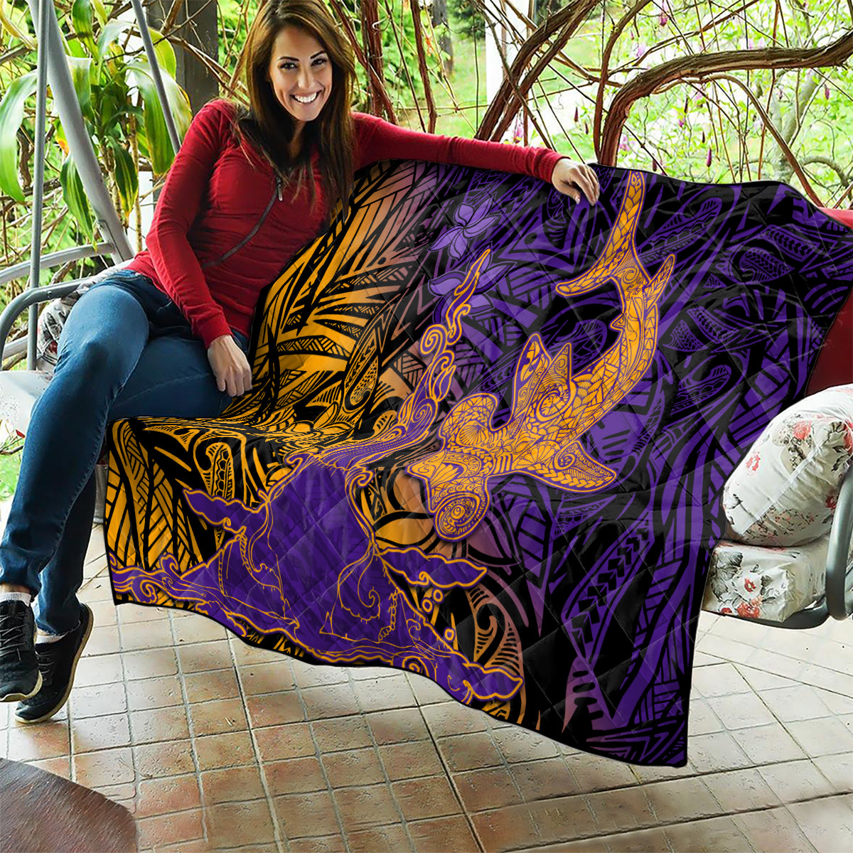 Hawaiian Volcano and Shark Quilt Polynesian and Hibiscus Pattern Purple Yellow Gradient